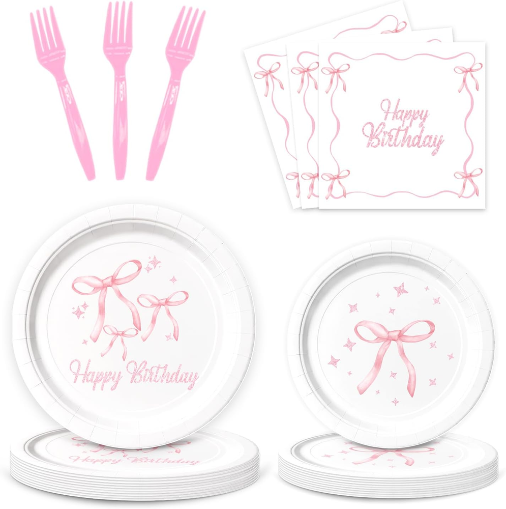 Pink Bow Birthday Party Supplies, 96Pcs Coquette Birthday Decorations Include...