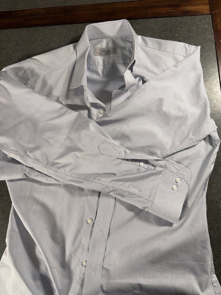 Brioni Men’s Dress Shirt Size M Blue Micro Check Long Sleeve Button Down Italy