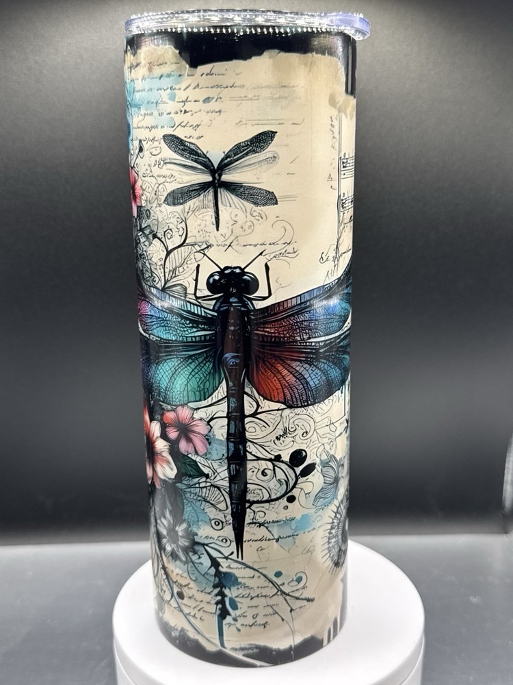 🐉 Vintage Dragonfly & Floral Tumbler – 20oz Stainless Steel Insulated Cup