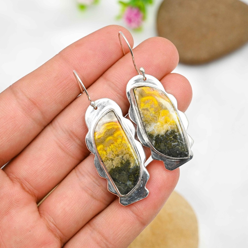 Bumble Bee Jasper Earrings in 925 Sterling Silver Handmade Gemstone Jewelry