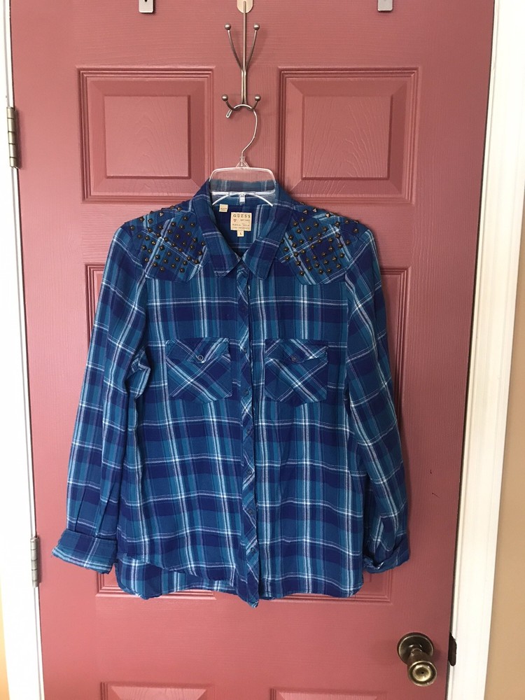 Women's Blue Plaid Snap-Up Top with Gold Studded Shoulders Size L