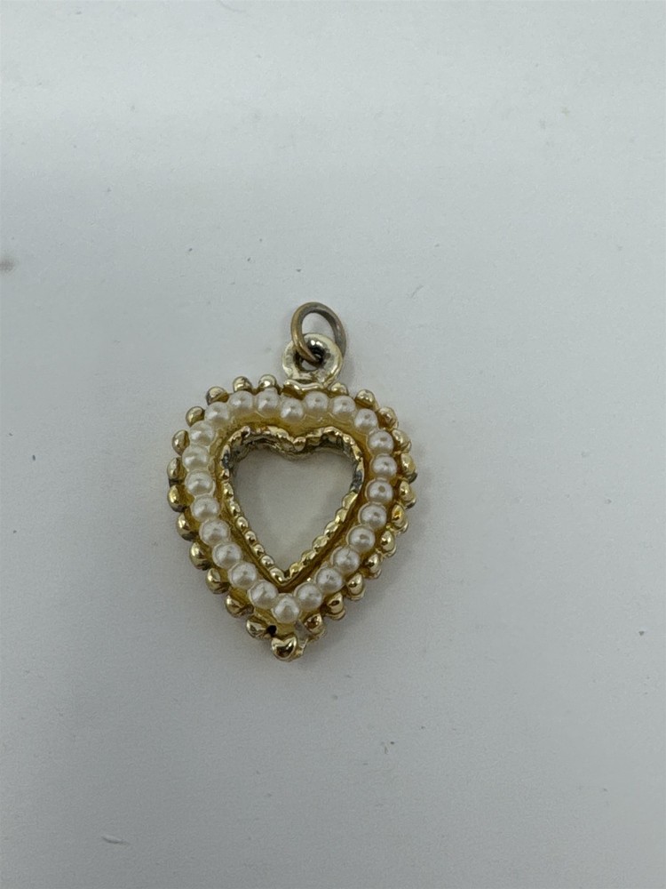 Vintage MCM Gold Tone Faux Pearl Heart Pendant Open Frame Filigree Bead