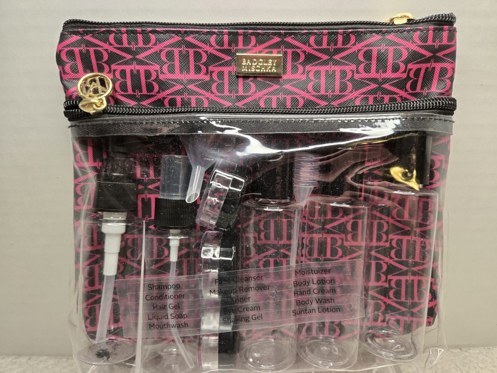 Badgley Mischka New Pink/Black 9-Piece Travel Bottle Set Makeup Cosmetic Bag Kit