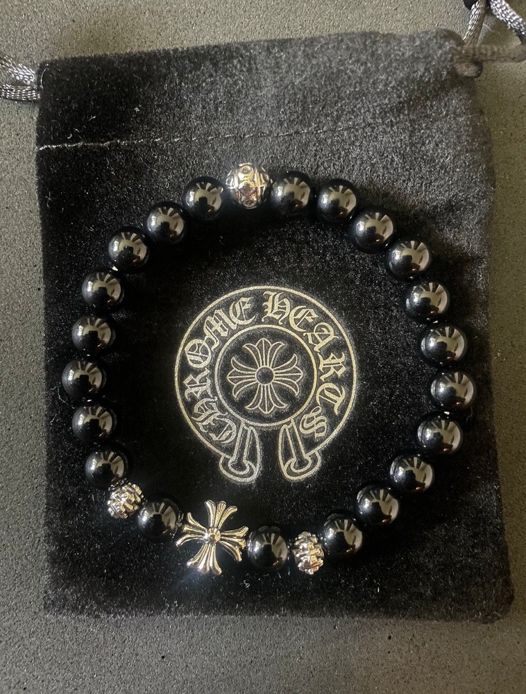 Black Chrome Beaded Punk Cross Bracelet with Elastic Band