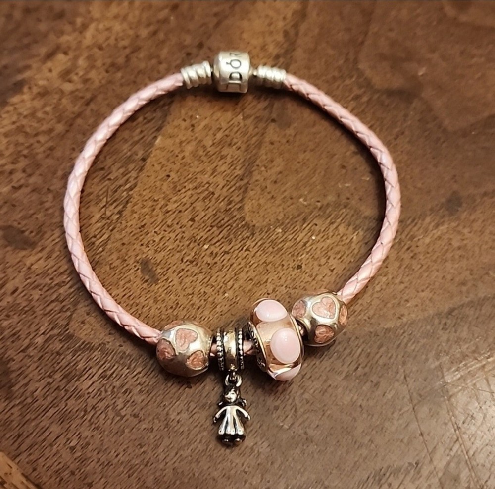 Pandora Braided Leather Pink Charm Bracelet Single Wrap 7.5