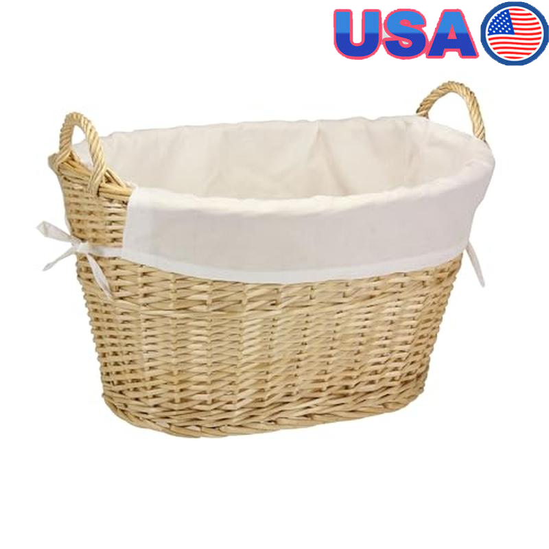 Oval Hand-Woven Willow Laundry Basket with Washable Liner and Sturdy Handles