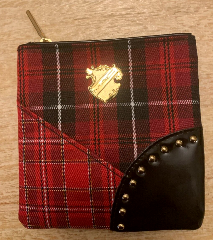 Scottish Tartan Plaid Wallet Makeup Bag with Gold Studs and Shield Charm
