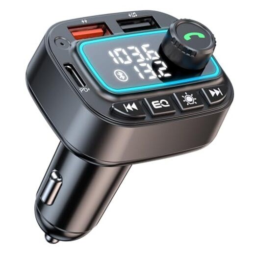 Bluetooth 5.3 Car FM Transmitter with 42W PD30W 12W USB C Fast Charging in Black
