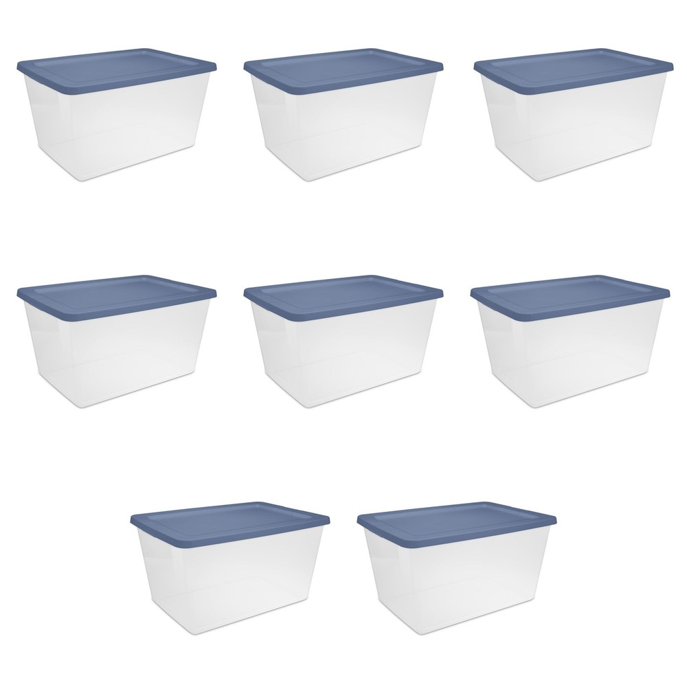 Sterilite 58Qt Storage Bin 8-Pack Clear Base Snap Lid Stackable Blue