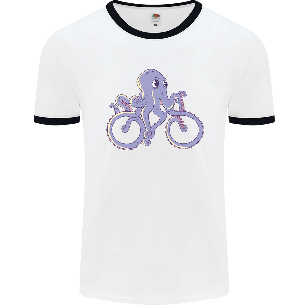 Funny Octopus Cyclist Bicycle Mens Ringer T-Shirt for Cycling Enthusiasts