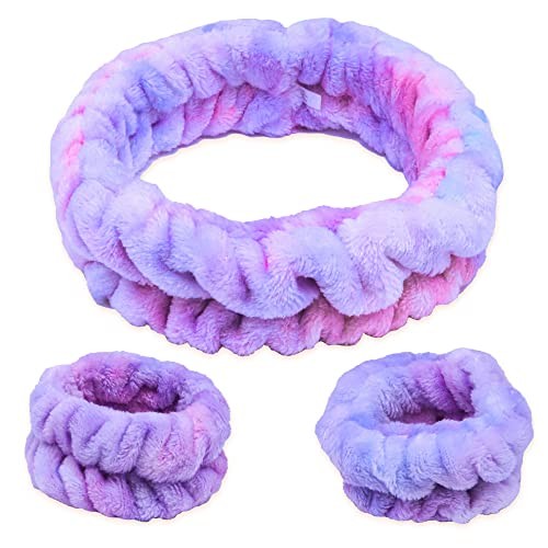 Puffy Spa Headband and Wristbands Set for Face Washing in Soft Cotton Candy Tie Dye