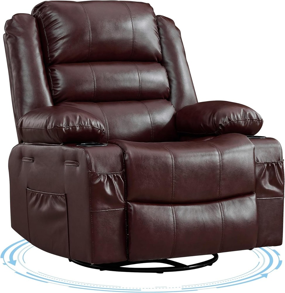 Oversized 360° Swivel Rocker Recliner Chair w/ 2 Cup Holders Upholstered Sofa US