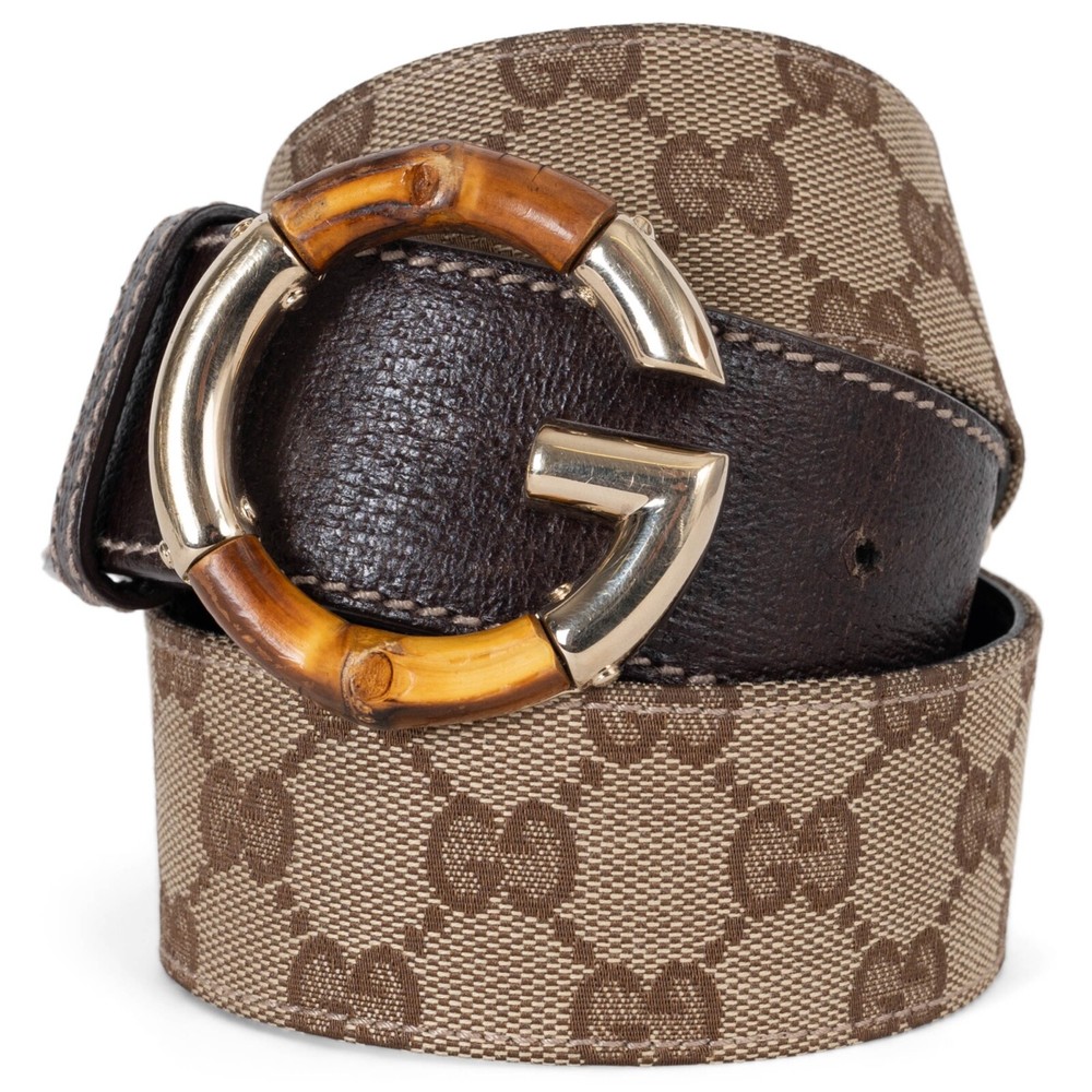 71495 auth GUCCI ebony & beige GG Monogram canvas BAMBOO Belt 85 / 34