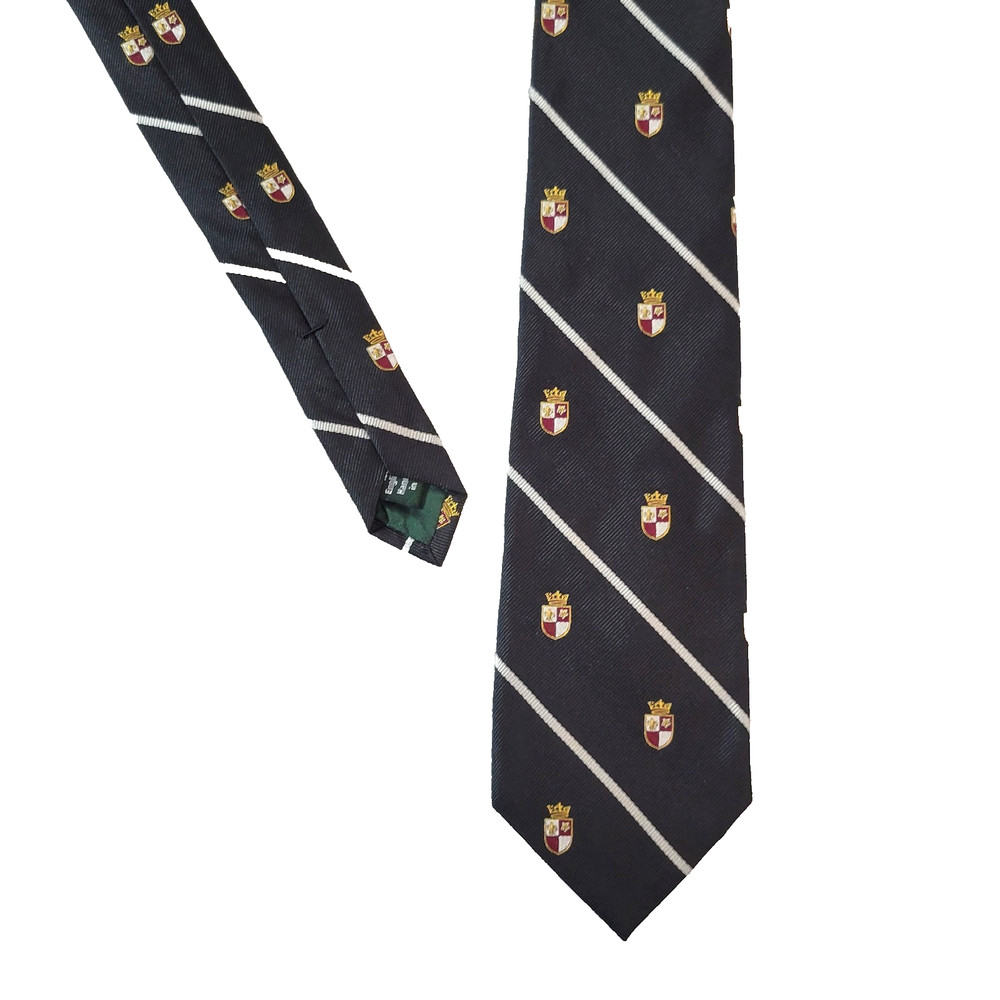 J. Crew Mens Silk Tie Black Crest Coat of Arms Striped Preppy Ivy League