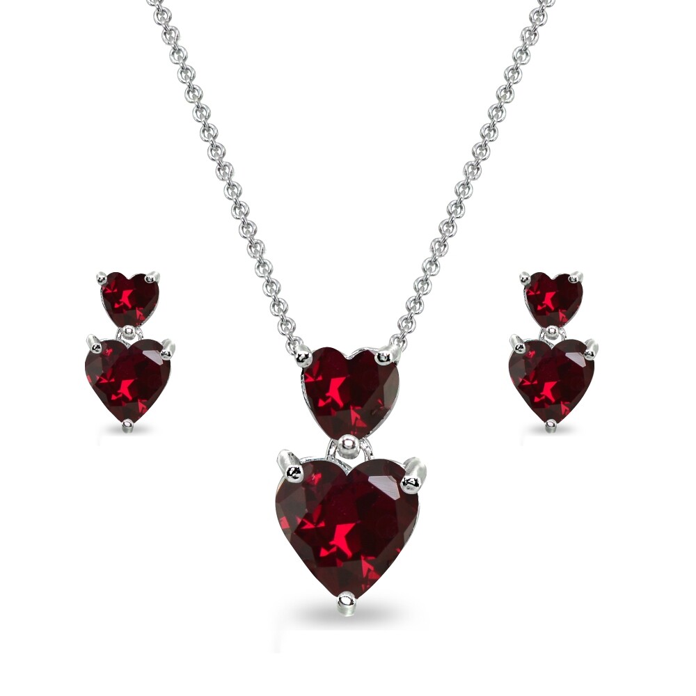 Double Heart Ruby Necklace and Stud Earrings Set in Sterling Silver-image