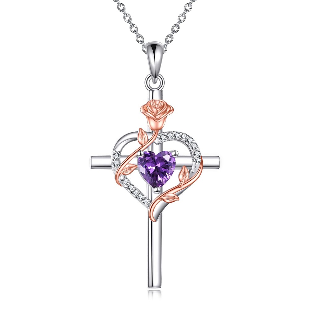 Cross Necklace for Women 925 Sterling Silver Rose Heart Crucifix Amethyst Pen...