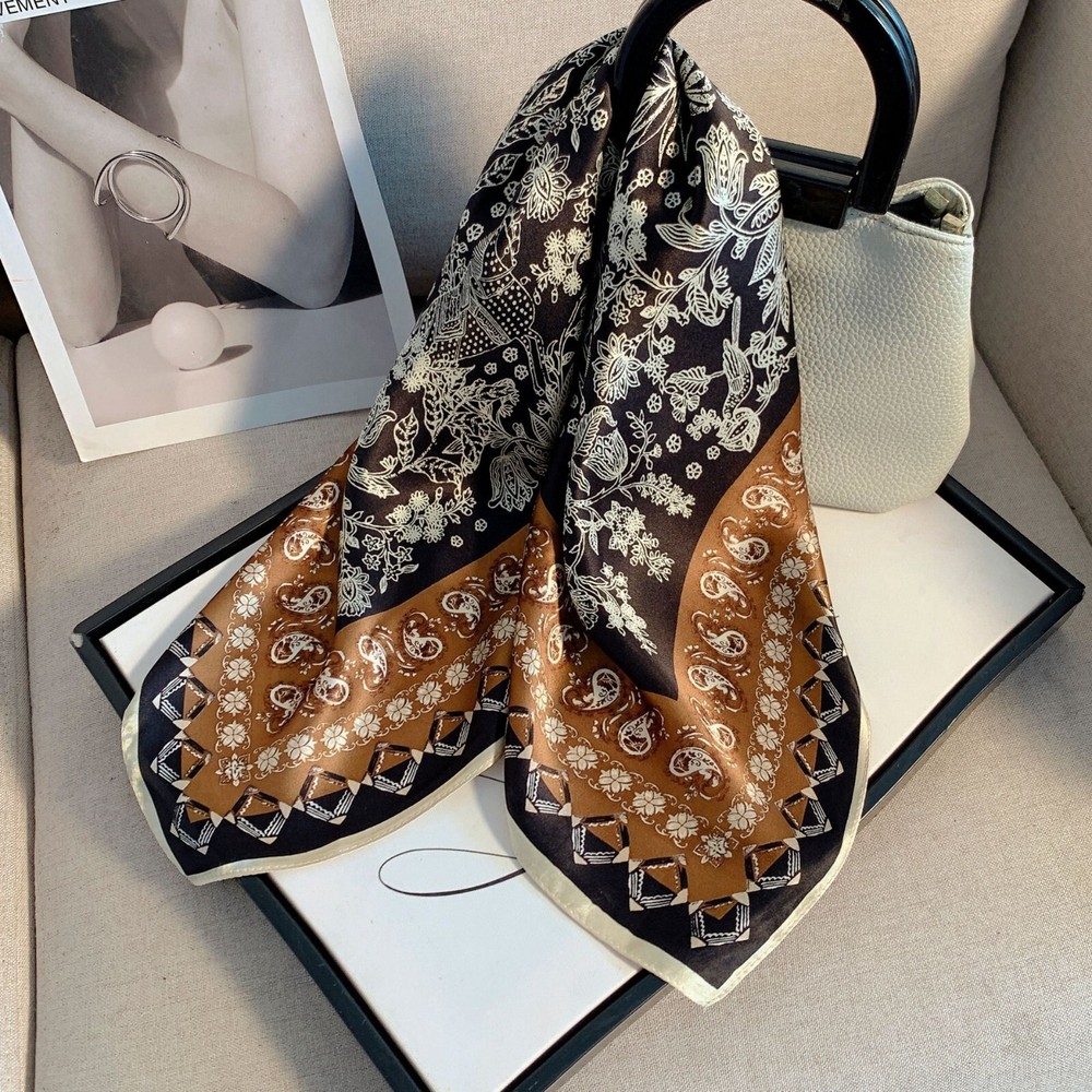 100% Silk Vintage Scarf for Women Black Brown Square Bandana Wrap 68x68cm
