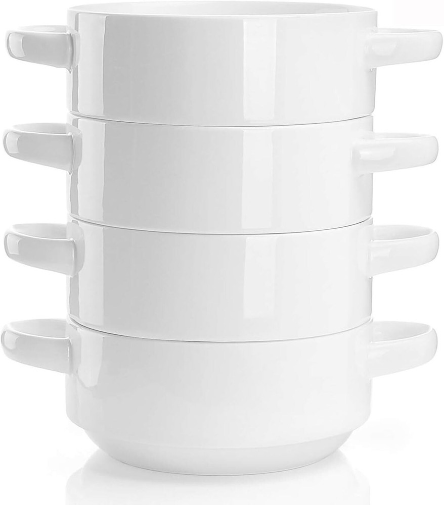 Elegant Porcelain Soup Bowls with Handles - Set of 4, 20 Ounce, Dishwasher Safe