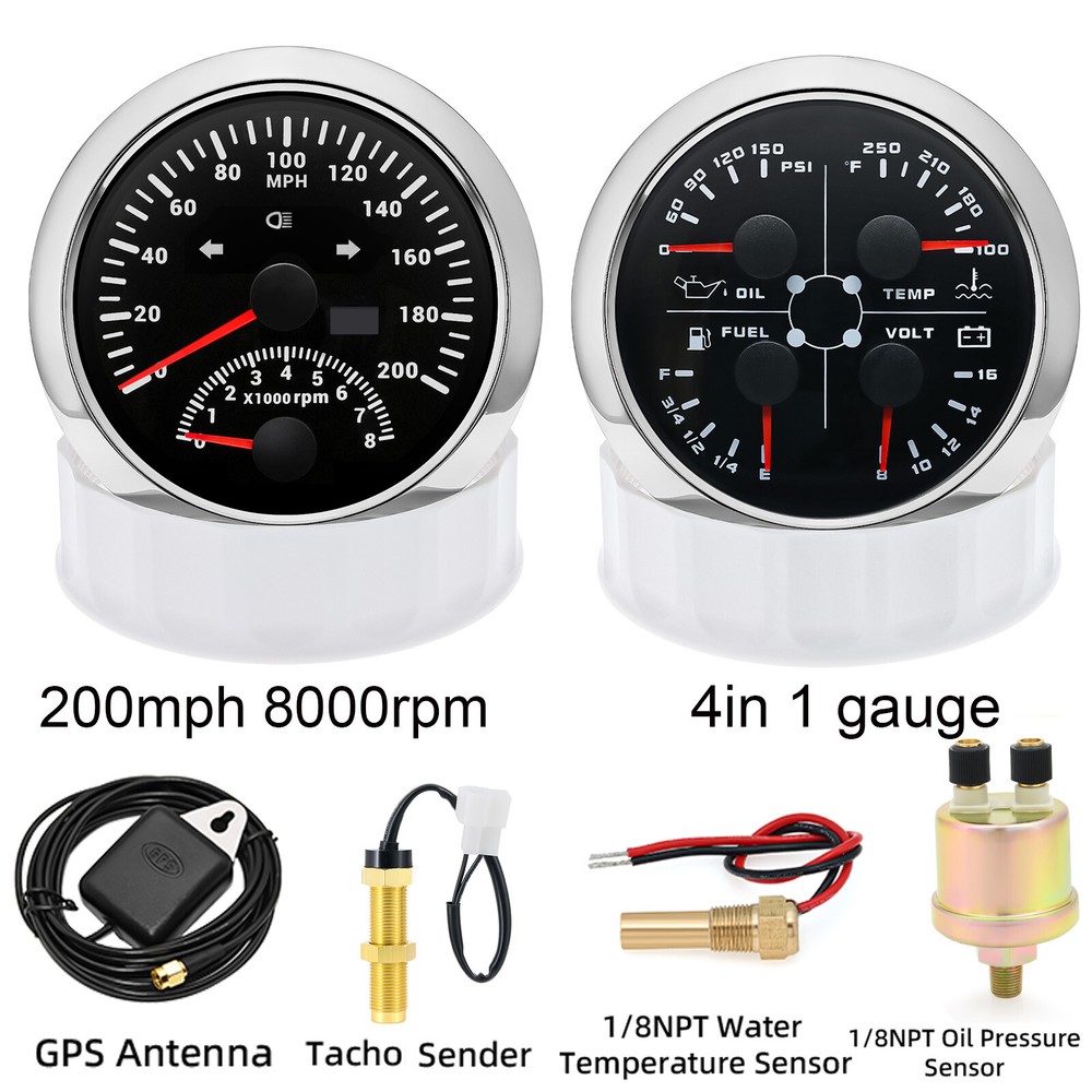 85mm GPS Speedometer 200MPH with Tachometer & 4-in-1 Gauge Set with Senders