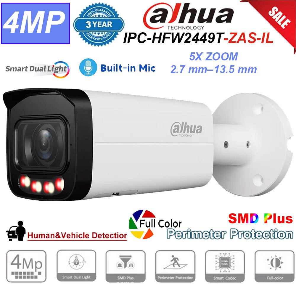 Dahua IPC-HFW2449T-ZAS-IL 4MP Color 5x Zoom WizSense IP Camera POE Smart-Light