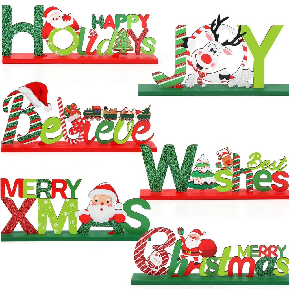 Hommtina 6 Pcs Christmas Table Decorations, Merry Christmas Tabletop Wooden S...