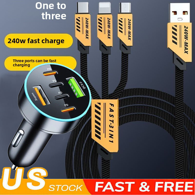 65W 120W Fast USB-C Car Charger 5-in-1 with Super Fast Cable for iPhone iPad Android