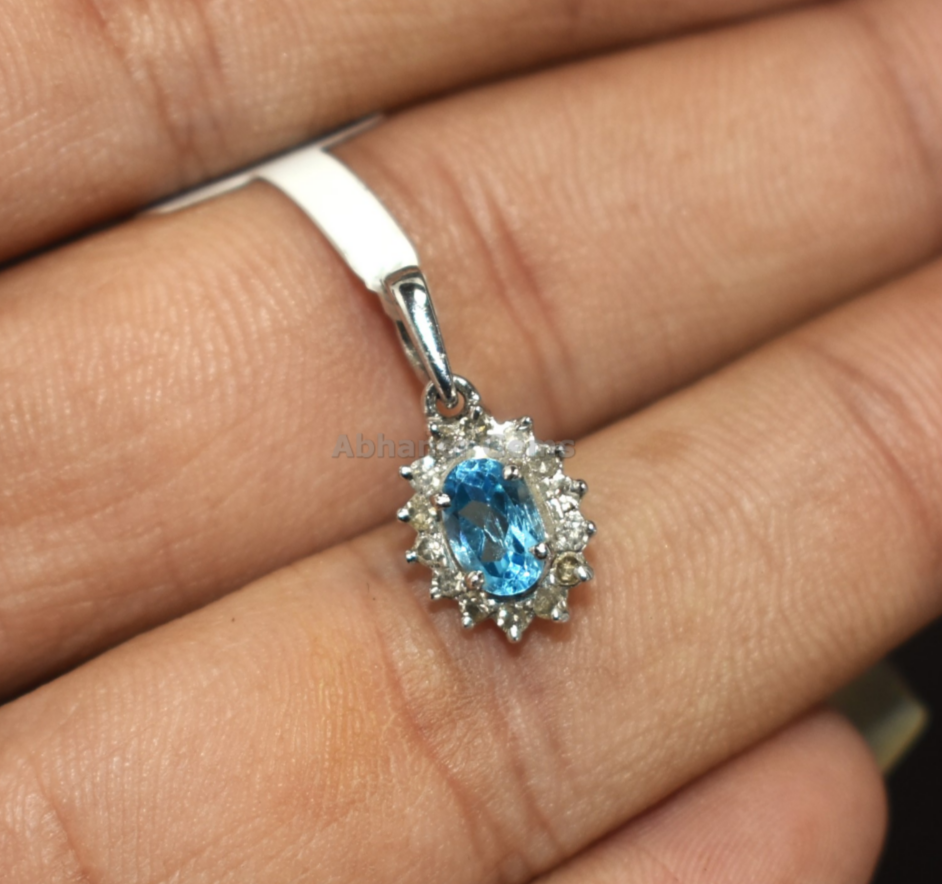 Blue topaz And Diamond  925 Sterling Silver Handmade Cluster Pendant  Sale