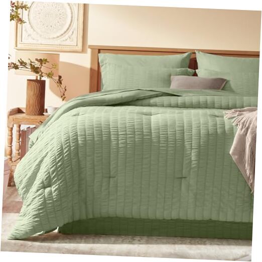 Queen Comforter Set 8 Pieces, Seersucker Bed in a Bag Queen, Sage Green
