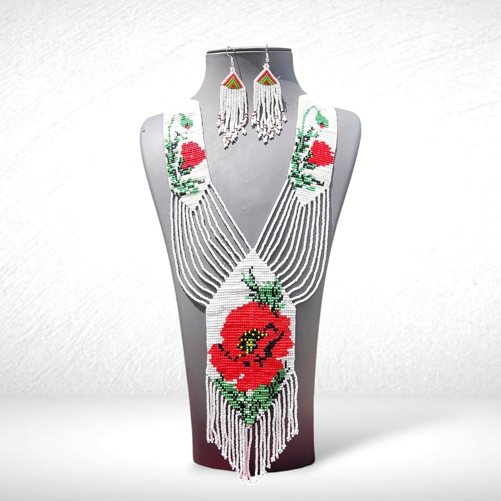 Unique Handmade Seed Bead American Style Boho Beaded Necklace & Earrings Set