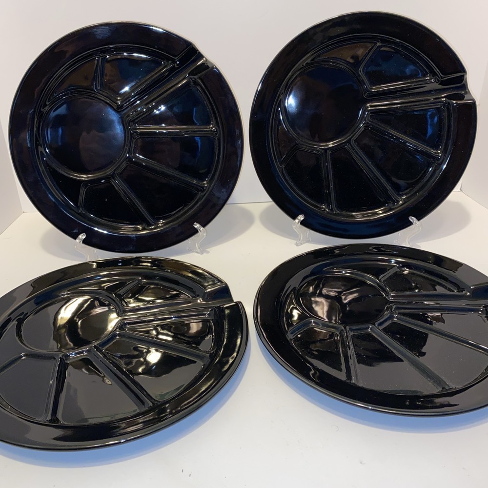 Roscho Ceramic Fondue Plates Black - Set of 4 Fork Notch