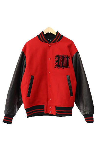 Wako Maria 24Aw Embroidered Leather Varsity Jacket with Logo Sleeve