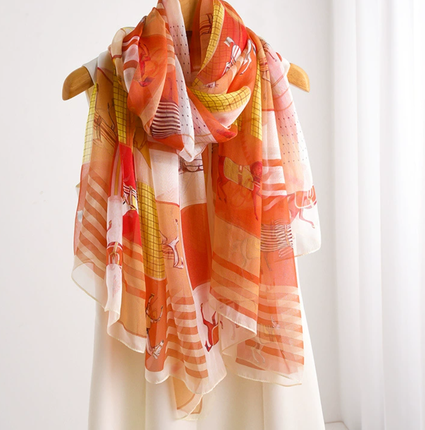 100% Silk Mulberry Neckerchief Scarf 178x110cm White Stripe Bandana Shawl