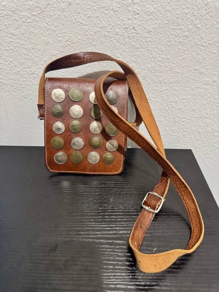 Handbag genuine leather shoulder bag purse Moroccan vintage look coins decorated