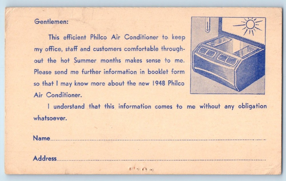 1948 Philco Air Conditioner For Hot Summer Months Metuchen NJ Postal Card