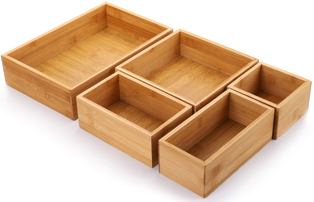 Set of 5 Bamboo Drawer Organizer Boxes, Desk Storage Box Kit, Drawer Storage