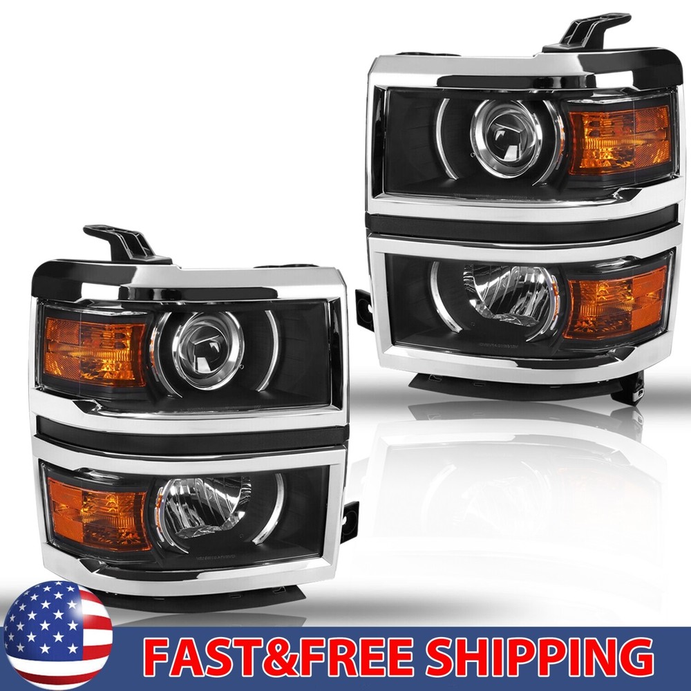 Fit 2014-15 Chevy Silverado 1500 Black Headlights Headlamps L+R Pairs 14-15