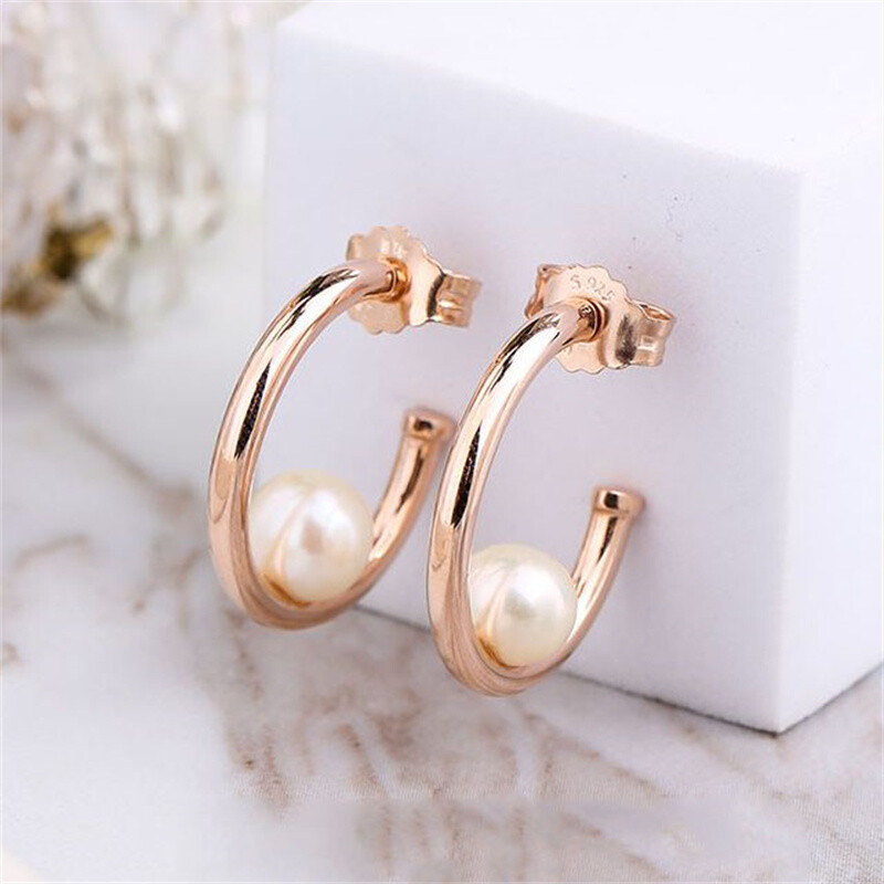 New 925 Sterling Silver Rose Pearl Contemporary Hoop Earrings