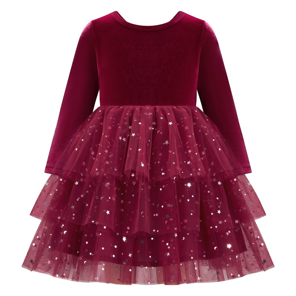 Girls Velvet Dress Fall Winter Clothes Long Sleeve Sequin Tulle Tutu Twirl Pa...