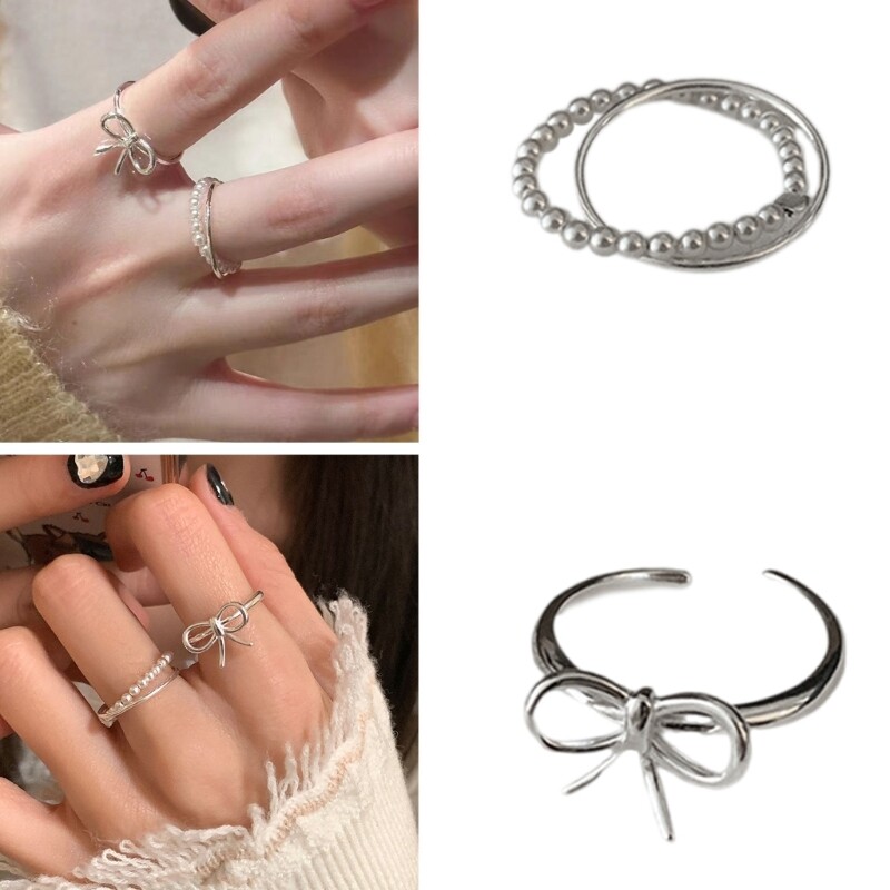 Fashionable Bowknot Opening Rings Alloy Accessory Adjustable Rings Beaded Rings