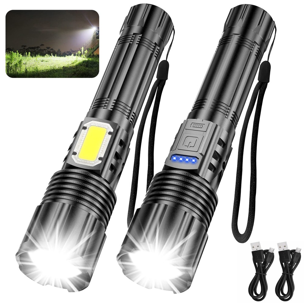 2 Pack 10000LM Rechargeable Flashlights with COB Sidelight, Waterproof, USB-C