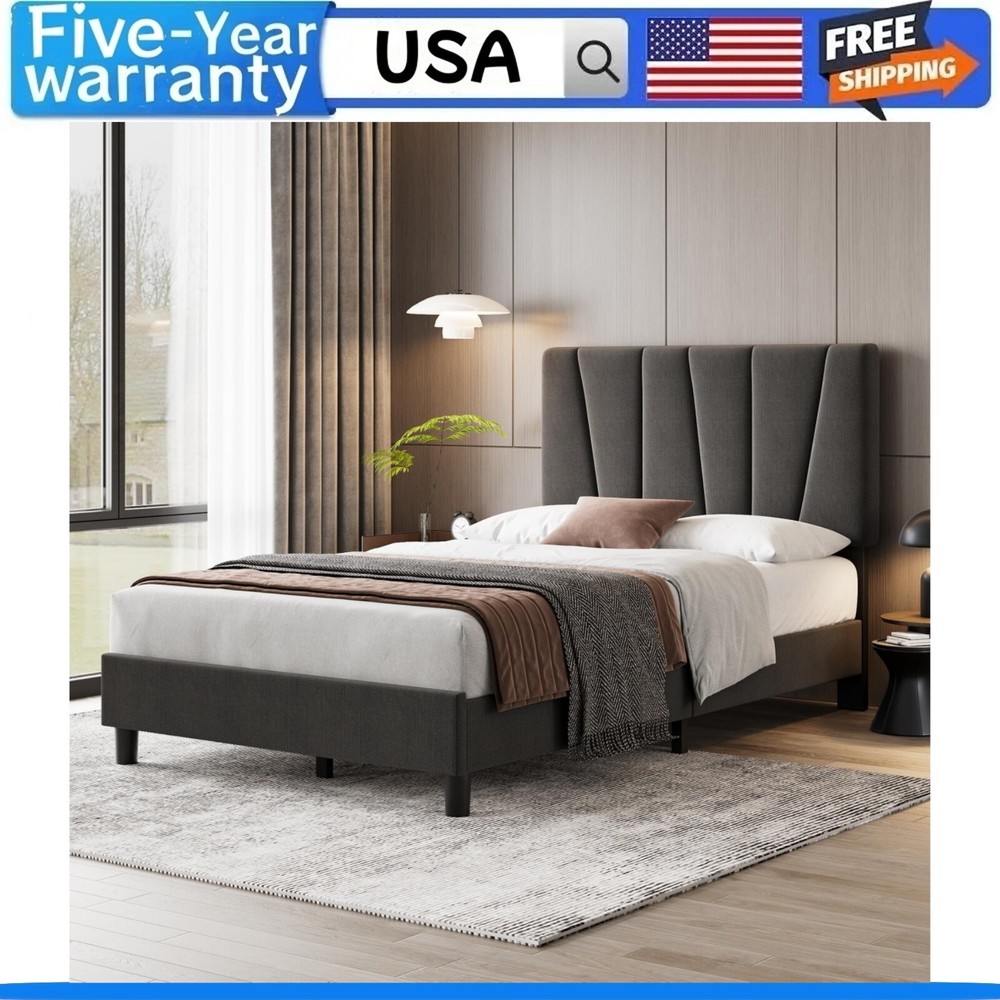 Twin Size Bed Frame with Adjustable Headboard Upholstered Platform Bedframe