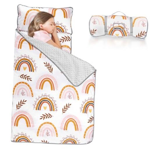 Ultra Soft Toddler Nap Mat with Pillow and Fleece Blanket for Kids