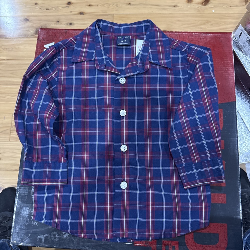 Nautica Plaid Long Sleeve Shirt Size 12 Boys Navy Red White Button Down