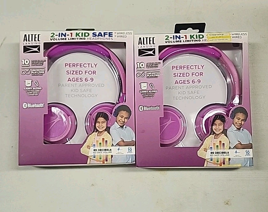 Altec Lansing 2-in-1 Bluetooth Pink Kids Headphones Safe Wireless 2-Pack