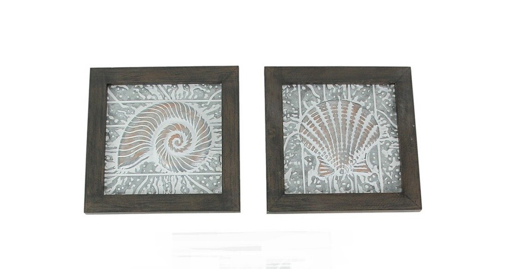 Scratch & Dent Set of 2 Wood Framed Stamped Metal Coastal Seashell Wall Hangings
