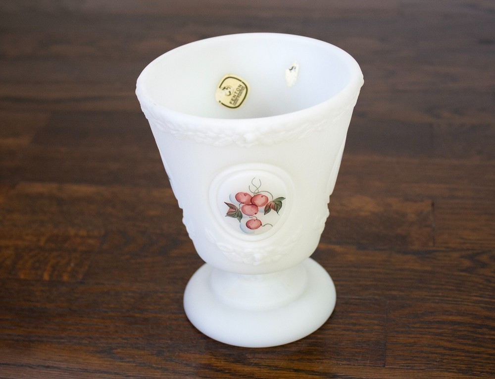 Vintage Fenton Hand Painted Cherry White Satin Glass Pedestal Candy Dish Without Lid