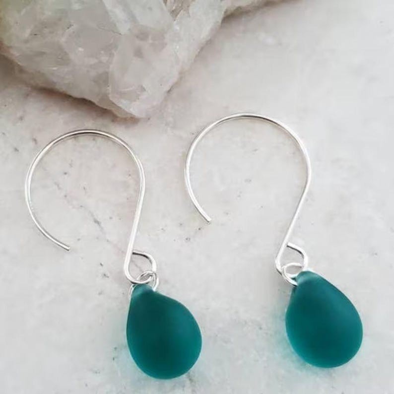 Blue Sea Glass Earrings, Sterling Silver Ear Wires, Sea Glass Dangle Earrings