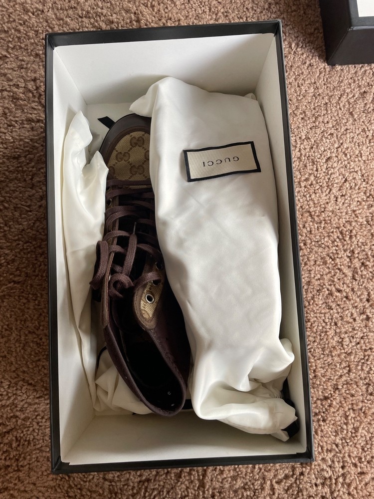 Gucci California Striped High-Top Sneakers in Brown Beige Canvas Mens Size US 9