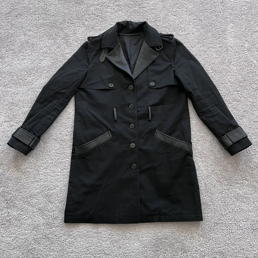 The Kooples Trench Coat Mens 40 Black Leather Trim Belted Collar Lined
