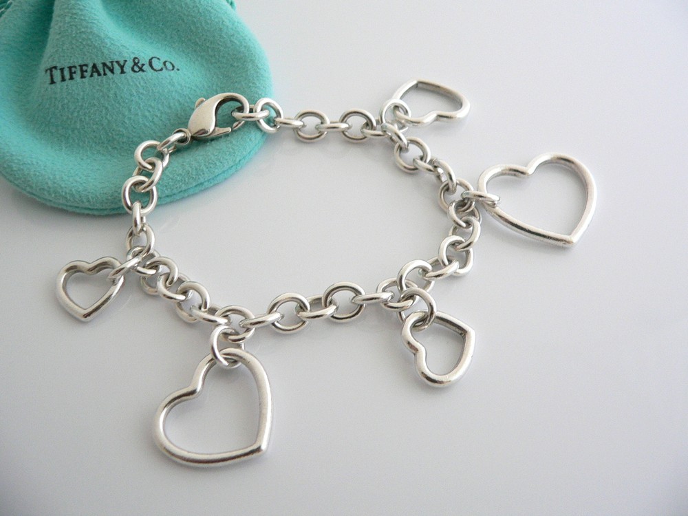 Tiffany & Co Silver 5 Hearts Dangle Bracelet Bangle Link 7.5 In Chain Gift Love